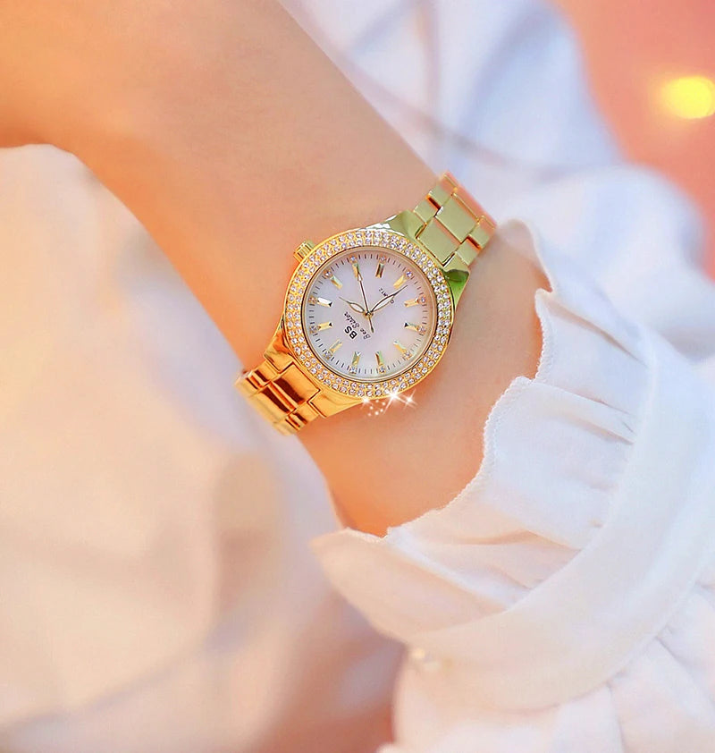2025 relojes de pulsera dorados para mujer, reloj de vestir, relojes de diamantes de cristal para mujer, reloj plateado de acero inoxidable, reloj para mujer 2024