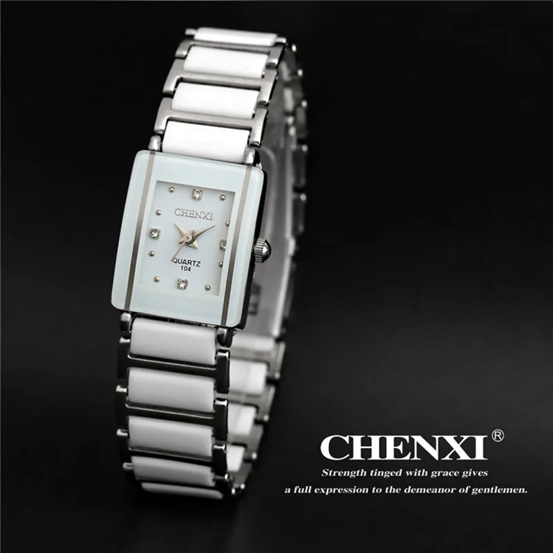 Marca de lujo CHENXI, reloj elegante para mujer con diamantes de imitación, blanco, plateado, pulsera de cerámica Simple y elegante, reloj de pulsera informal de cuarzo para mujer