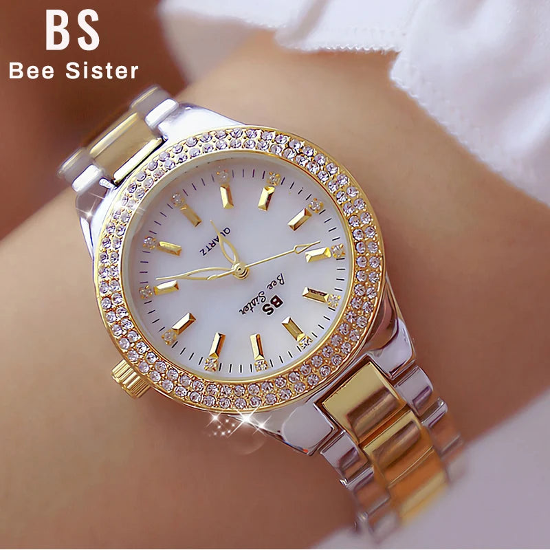 2025 relojes de pulsera dorados para mujer, reloj de vestir, relojes de diamantes de cristal para mujer, reloj plateado de acero inoxidable, reloj para mujer 2024