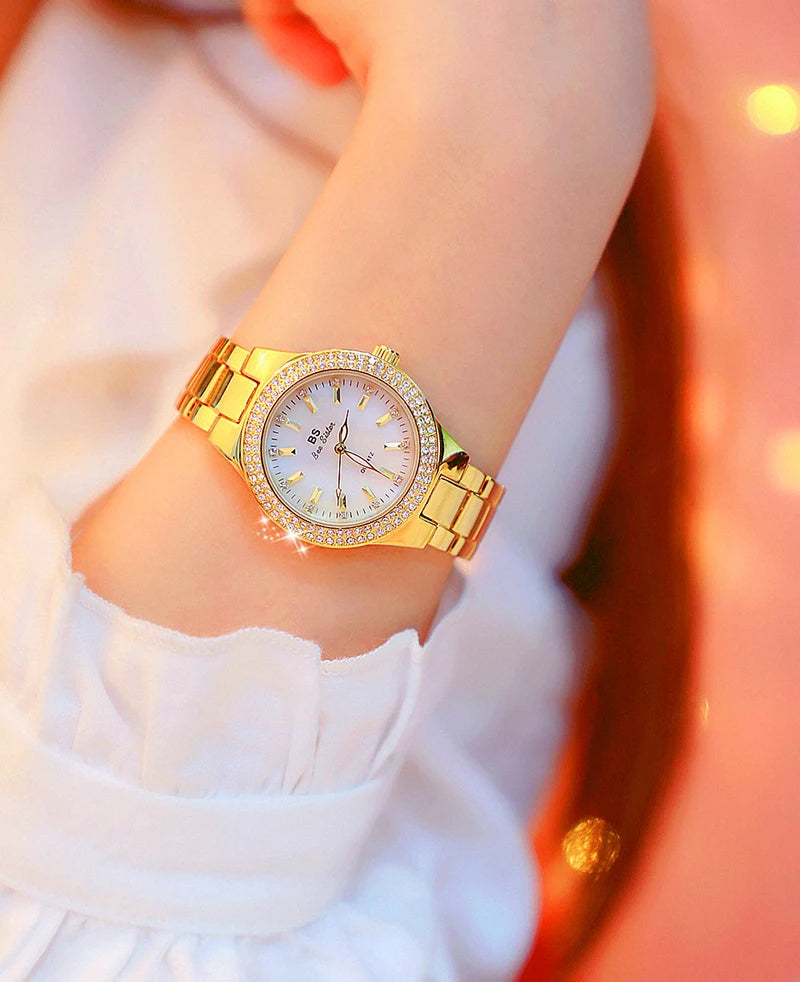 2025 relojes de pulsera dorados para mujer, reloj de vestir, relojes de diamantes de cristal para mujer, reloj plateado de acero inoxidable, reloj para mujer 2024
