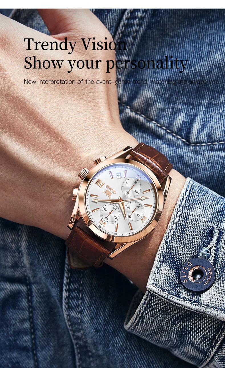 OLEVS Nuevo reloj de moda para hombre con correa de cuero marrón. Reloj impermeable con movimiento de cuarzo deportivo informal para hombre Orologio da uomo 2872