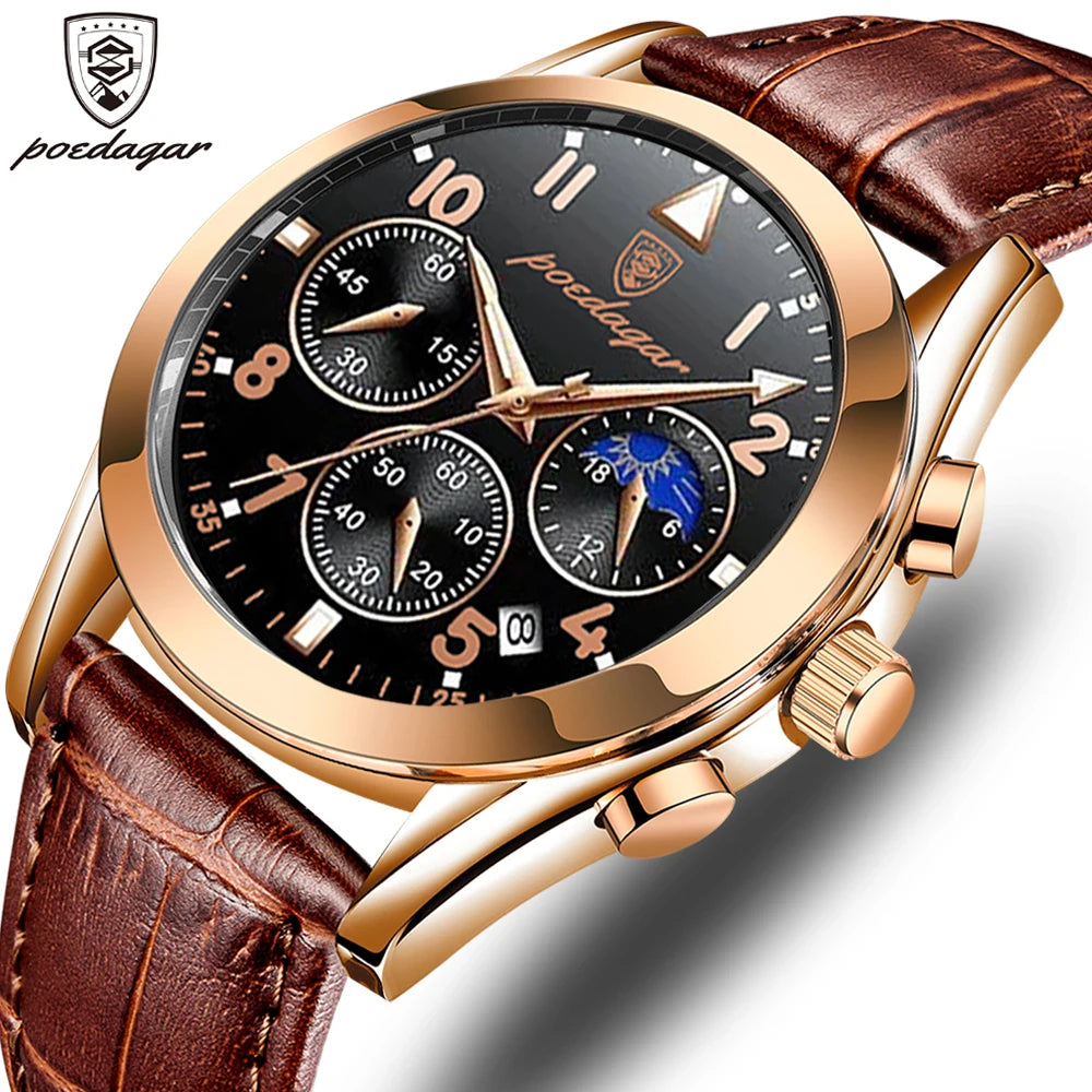 POEDAGAR-relojes para hombre, de cuero de moda, resistente al agua, parte superior luminosa, de lujo, de cuarzo, Masculino, 2021