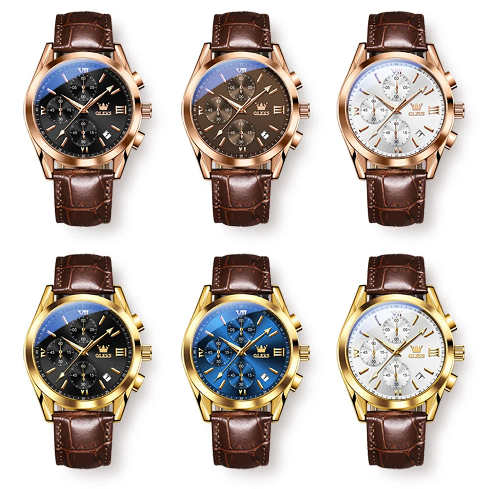 OLEVS Nuevo reloj de moda para hombre con correa de cuero marrón. Reloj impermeable con movimiento de cuarzo deportivo informal para hombre Orologio da uomo 2872
