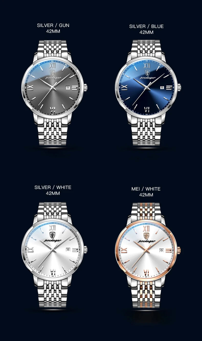 Reloj POEDAGAR de la mejor marca, reloj de acero inoxidable con fecha de negocios para hombre, relojes luminosos resistentes al agua, reloj de pulsera deportivo de cuarzo de lujo para hombre