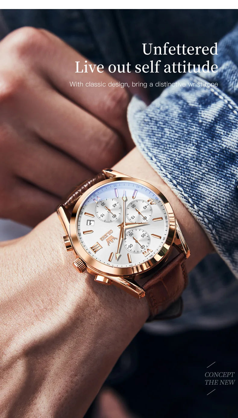 OLEVS Nuevo reloj de moda para hombre con correa de cuero marrón. Reloj impermeable con movimiento de cuarzo deportivo informal para hombre Orologio da uomo 2872