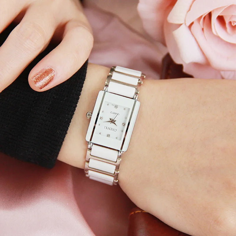 Marca de lujo CHENXI, reloj elegante para mujer con diamantes de imitación, blanco, plateado, pulsera de cerámica Simple y elegante, reloj de pulsera informal de cuarzo para mujer