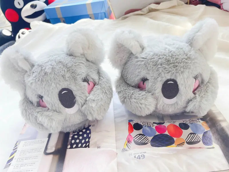 Lindas zapatillas de felpa de animales de dibujos animados de Koala rosa y gris, pantuflas cálidas de invierno para mujer para el hogar