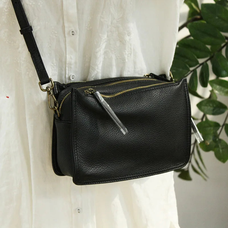 Bolso pequeño de diseñador de marca para mujer, bolsa de hombro con solapa de cuero genuino, informal, con cremallera de tres capas, cruzado
