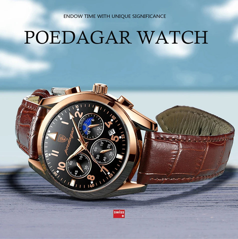 POEDAGAR-relojes para hombre, de cuero de moda, resistente al agua, parte superior luminosa, de lujo, de cuarzo, Masculino, 2021