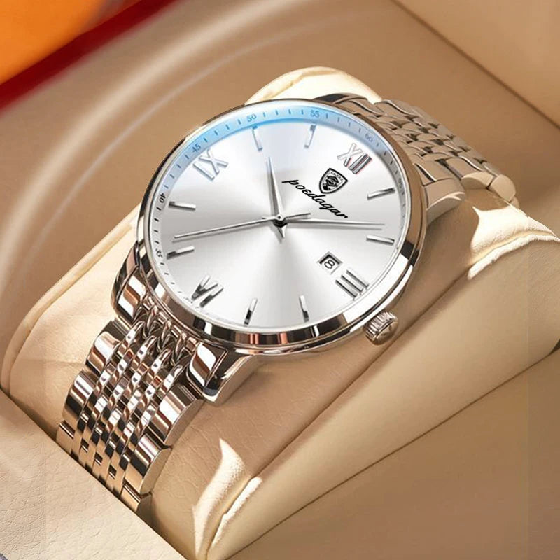 Reloj POEDAGAR de la mejor marca, reloj de acero inoxidable con fecha de negocios para hombre, relojes luminosos resistentes al agua, reloj de pulsera deportivo de cuarzo de lujo para hombre