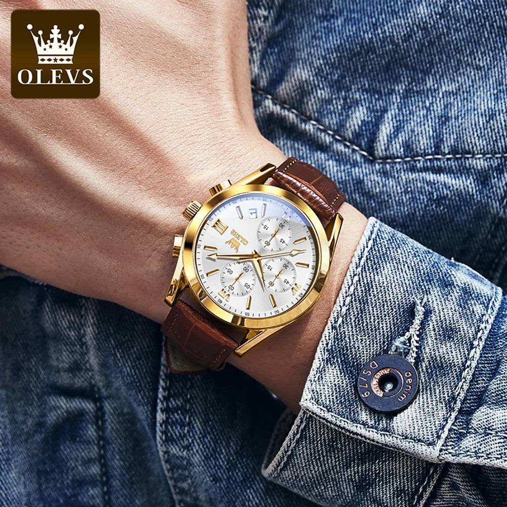 OLEVS Nuevo reloj de moda para hombre con correa de cuero marrón. Reloj impermeable con movimiento de cuarzo deportivo informal para hombre Orologio da uomo 2872