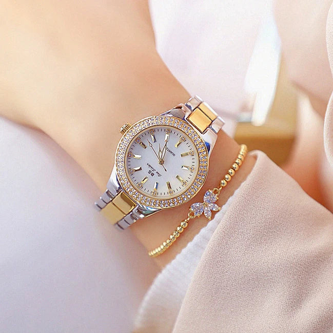 2025 relojes de pulsera dorados para mujer, reloj de vestir, relojes de diamantes de cristal para mujer, reloj plateado de acero inoxidable, reloj para mujer 2024