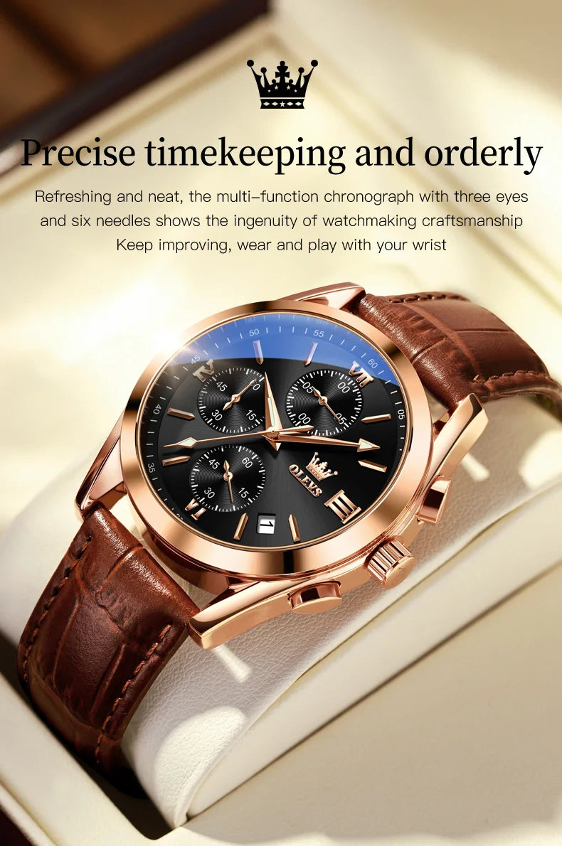 OLEVS Nuevo reloj de moda para hombre con correa de cuero marrón. Reloj impermeable con movimiento de cuarzo deportivo informal para hombre Orologio da uomo 2872
