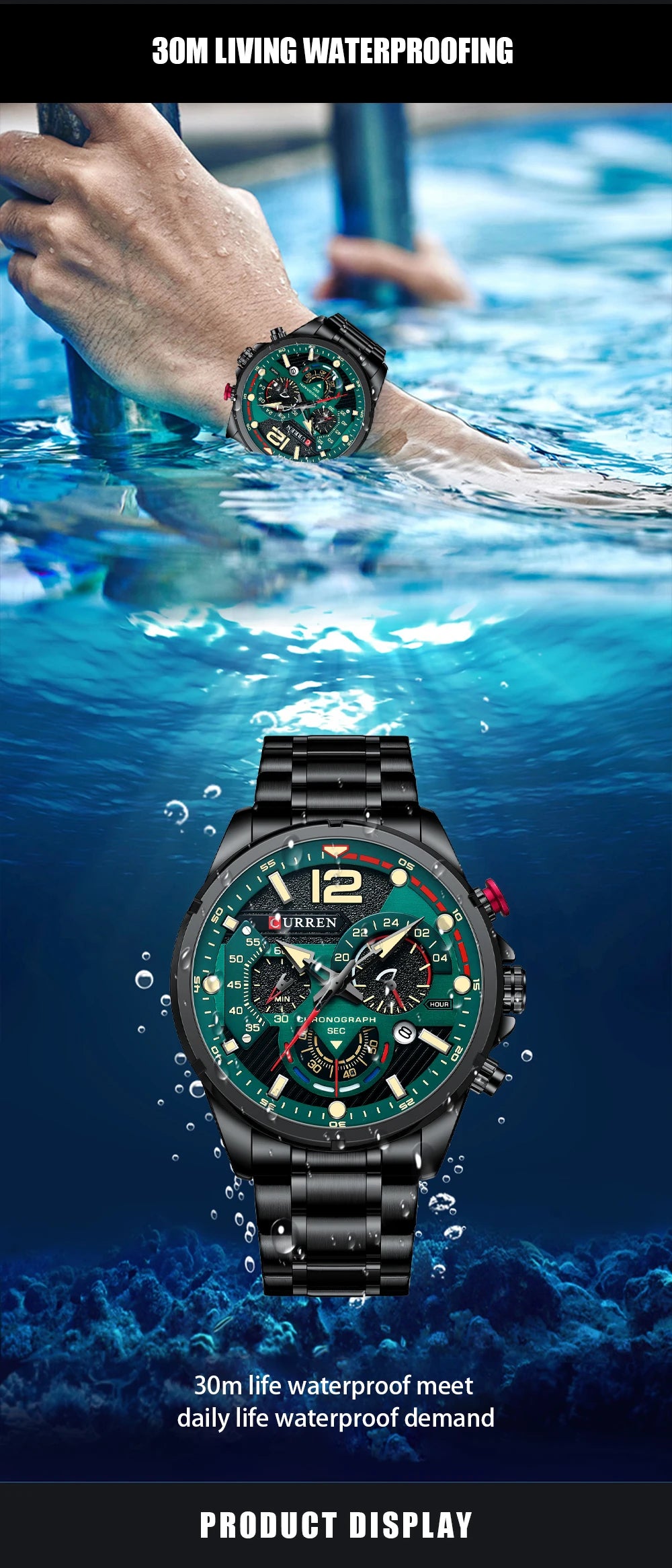 Nuevos relojes CURREN verdes para hombre, relojes de cuarzo de acero inoxidable de lujo de primeras marcas, reloj deportivo con fecha para hombre, reloj de pulsera resistente al agua