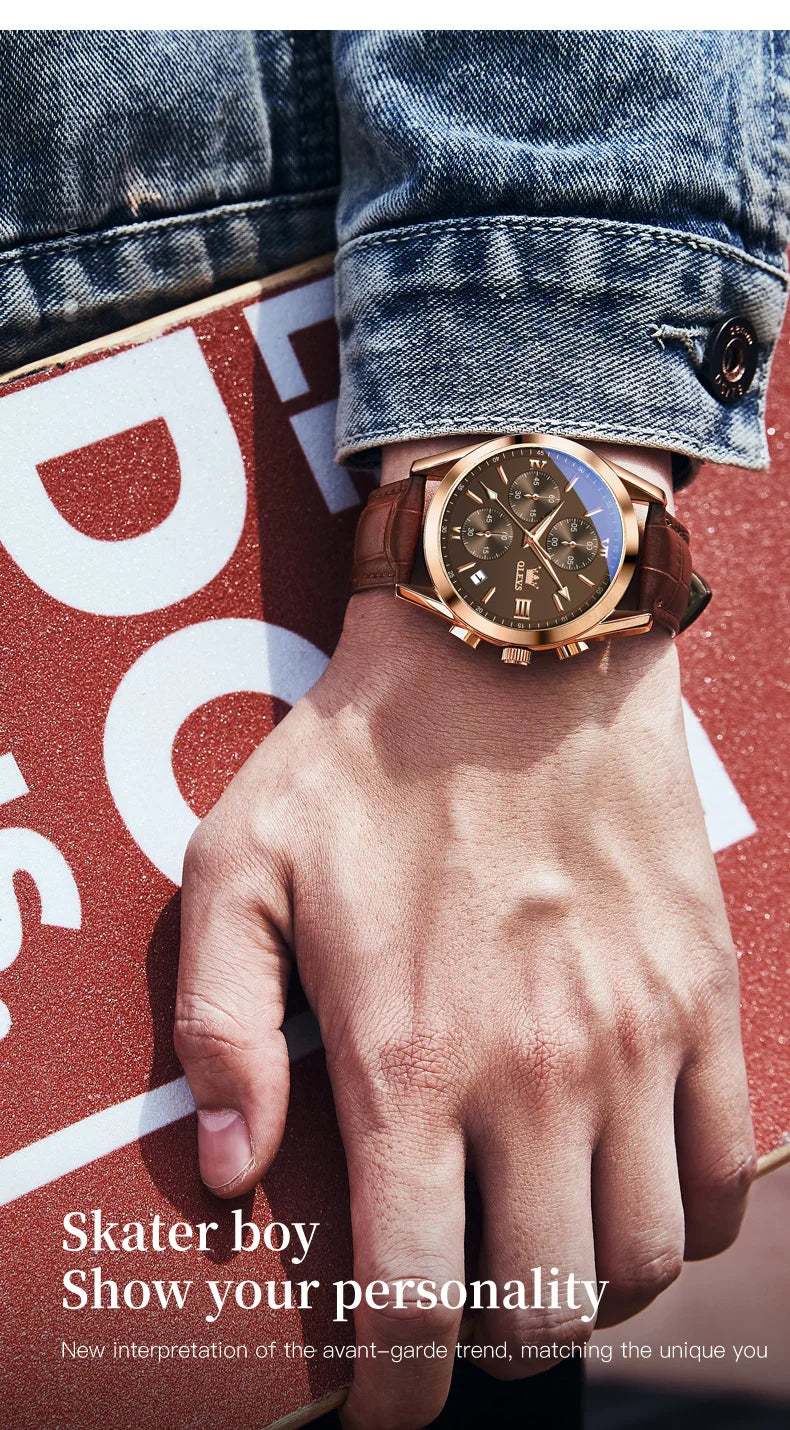OLEVS Nuevo reloj de moda para hombre con correa de cuero marrón. Reloj impermeable con movimiento de cuarzo deportivo informal para hombre Orologio da uomo 2872