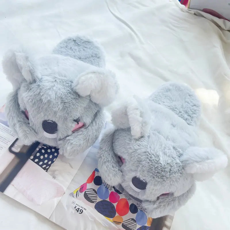 Lindas zapatillas de felpa de animales de dibujos animados de Koala rosa y gris, pantuflas cálidas de invierno para mujer para el hogar