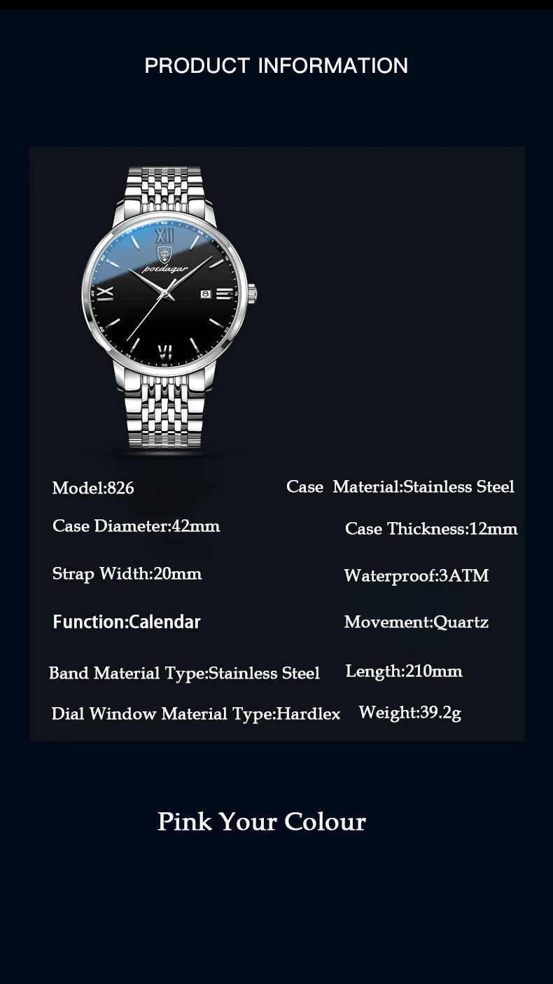 Reloj POEDAGAR de la mejor marca, reloj de acero inoxidable con fecha de negocios para hombre, relojes luminosos resistentes al agua, reloj de pulsera deportivo de cuarzo de lujo para hombre