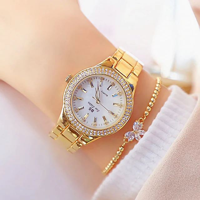 2025 relojes de pulsera dorados para mujer, reloj de vestir, relojes de diamantes de cristal para mujer, reloj plateado de acero inoxidable, reloj para mujer 2024