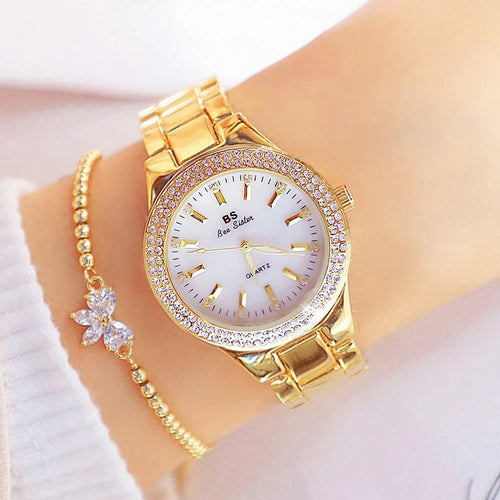 2025 relojes de pulsera dorados para mujer, reloj de vestir, relojes de diamantes de cristal para mujer, reloj plateado de acero inoxidable, reloj para mujer 2024