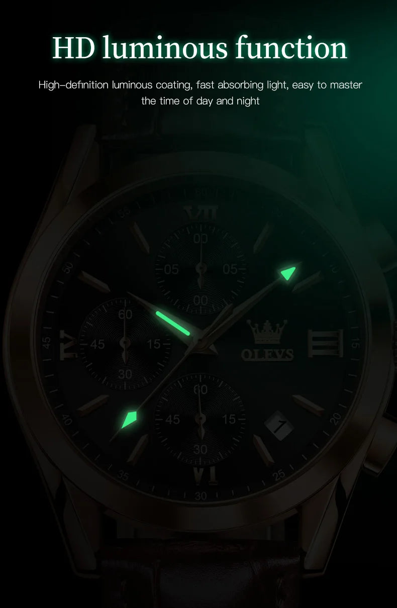 OLEVS Nuevo reloj de moda para hombre con correa de cuero marrón. Reloj impermeable con movimiento de cuarzo deportivo informal para hombre Orologio da uomo 2872