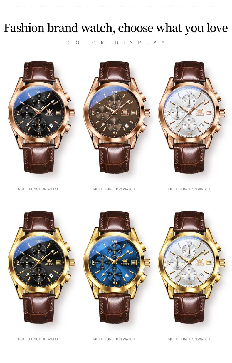 OLEVS Nuevo reloj de moda para hombre con correa de cuero marrón. Reloj impermeable con movimiento de cuarzo deportivo informal para hombre Orologio da uomo 2872