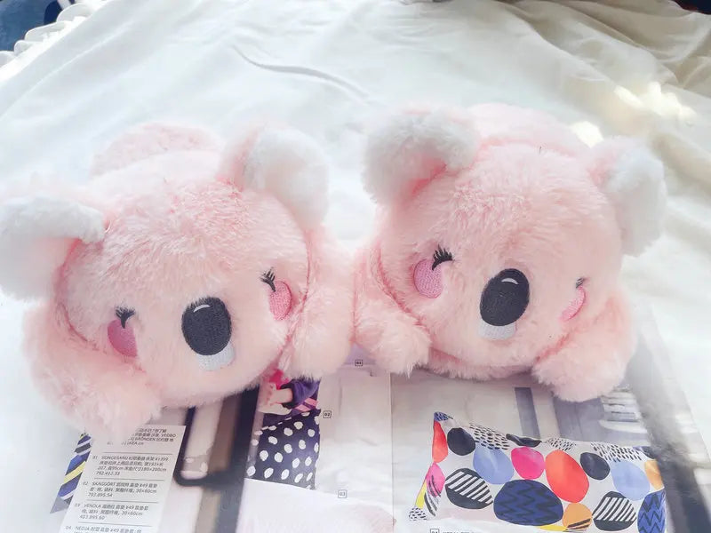 Lindas zapatillas de felpa de animales de dibujos animados de Koala rosa y gris, pantuflas cálidas de invierno para mujer para el hogar