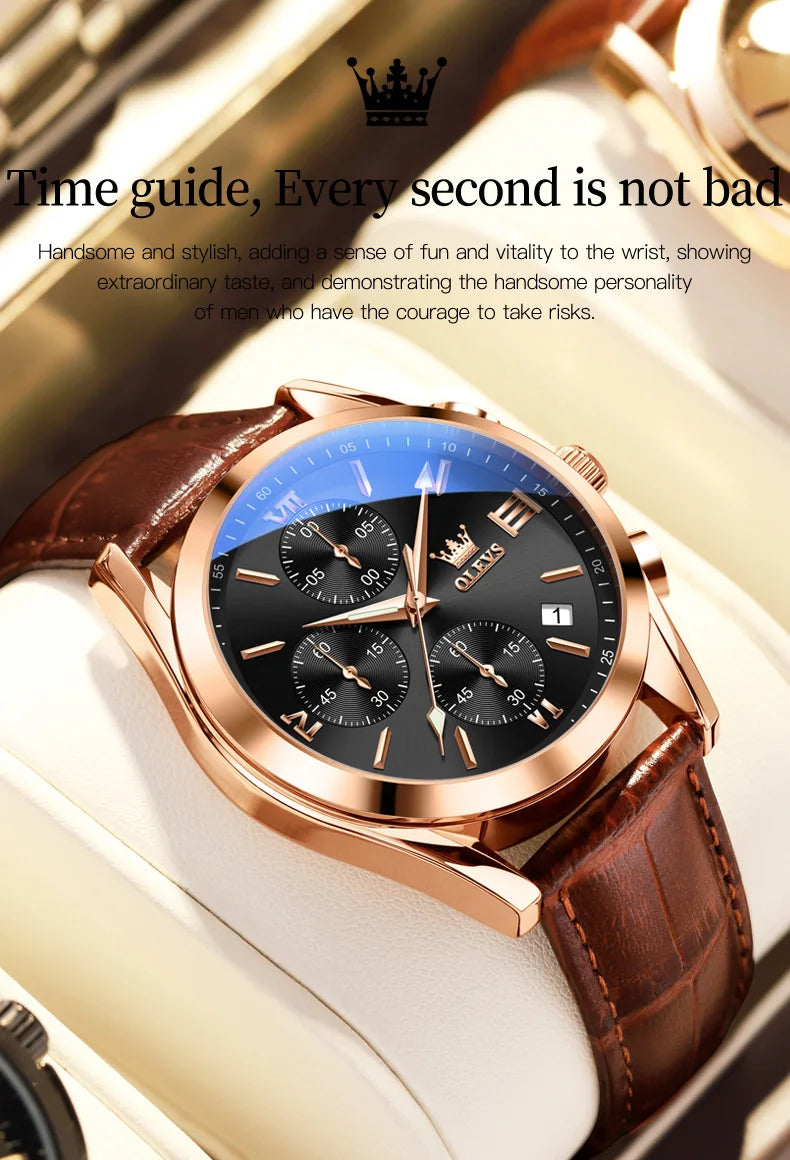 OLEVS Nuevo reloj de moda para hombre con correa de cuero marrón. Reloj impermeable con movimiento de cuarzo deportivo informal para hombre Orologio da uomo 2872