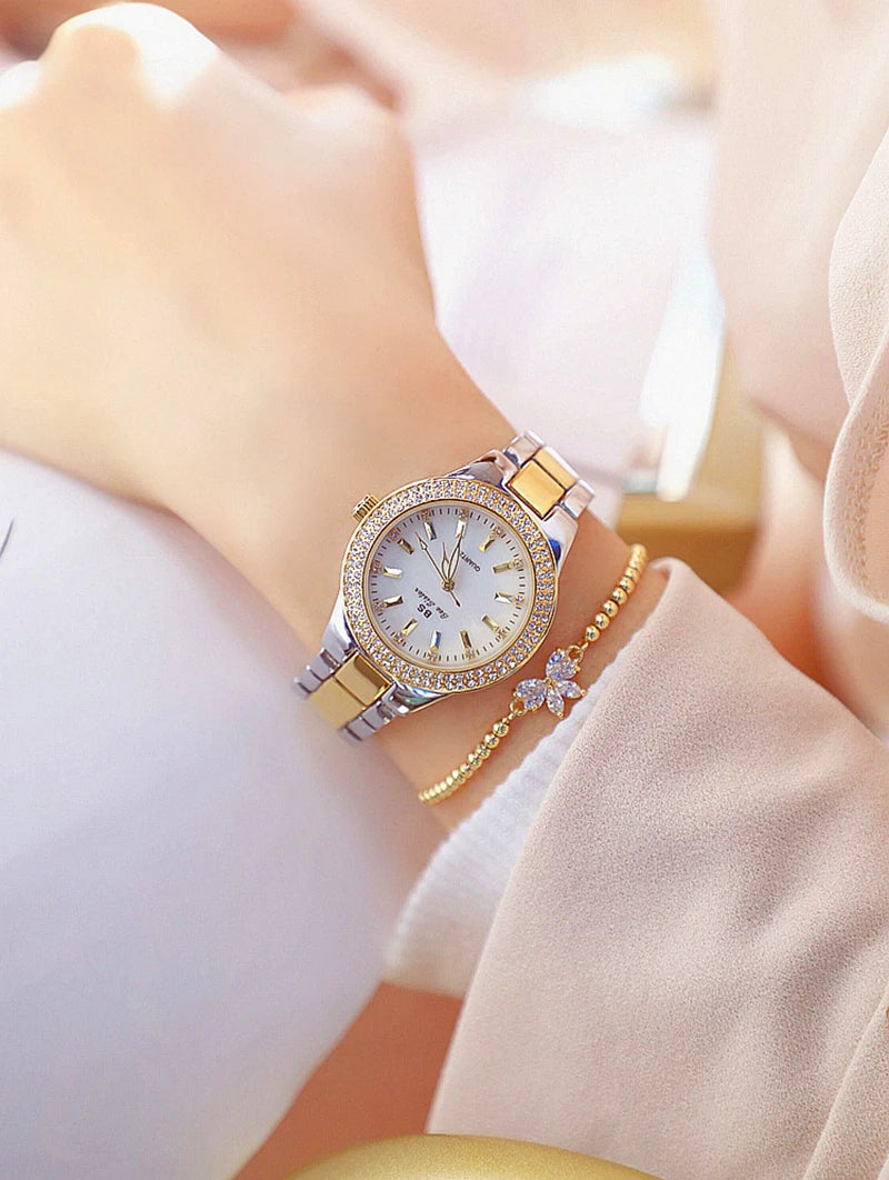 2025 relojes de pulsera dorados para mujer, reloj de vestir, relojes de diamantes de cristal para mujer, reloj plateado de acero inoxidable, reloj para mujer 2024
