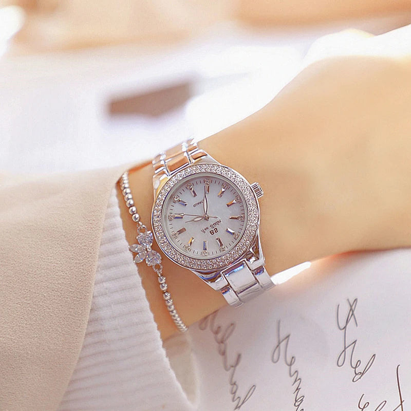 2025 relojes de pulsera dorados para mujer, reloj de vestir, relojes de diamantes de cristal para mujer, reloj plateado de acero inoxidable, reloj para mujer 2024