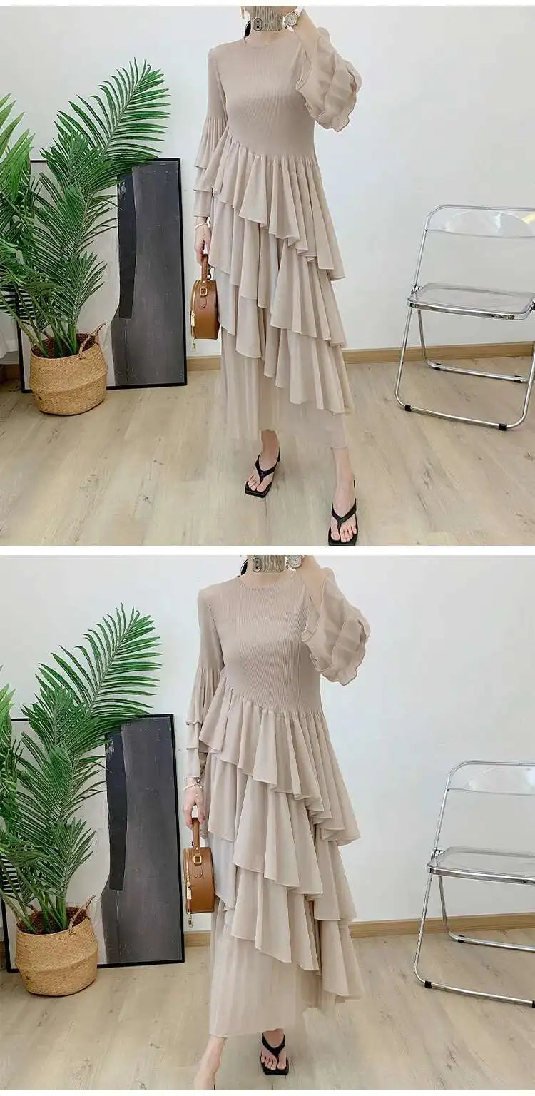 GVUW, vestido plisado para mujer, manga acampanada completa, línea A, volantes empalmados, cuello redondo, fiesta de noche, ropa elegante para mujer 17G4475