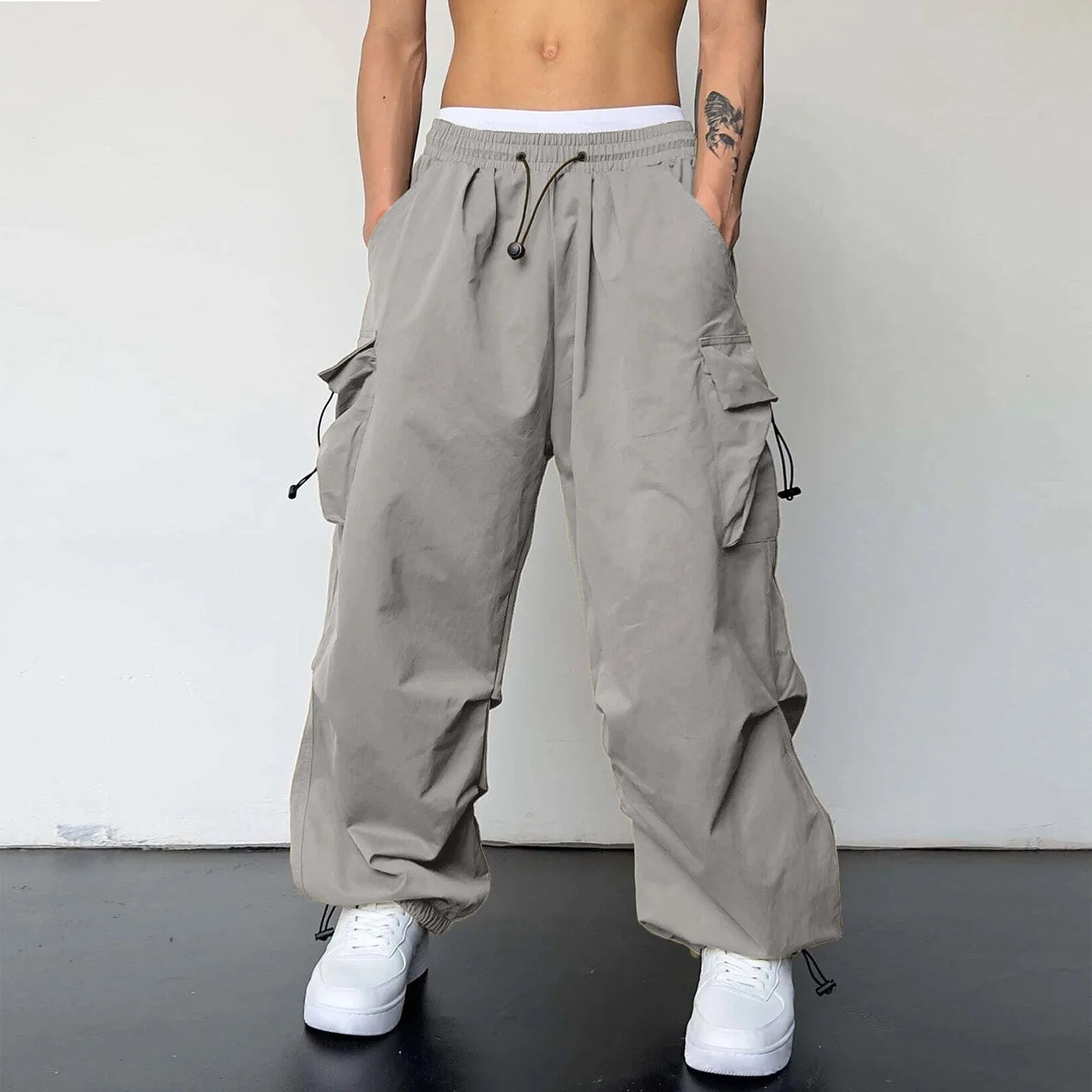 Pantalones Cargo deportivos informales para Hombre, ropa de calle con bolsillo tejido y cuerda para el pie, Pantalones sólidos, Pantalones holgados con múltiples bolsillos para Hombre