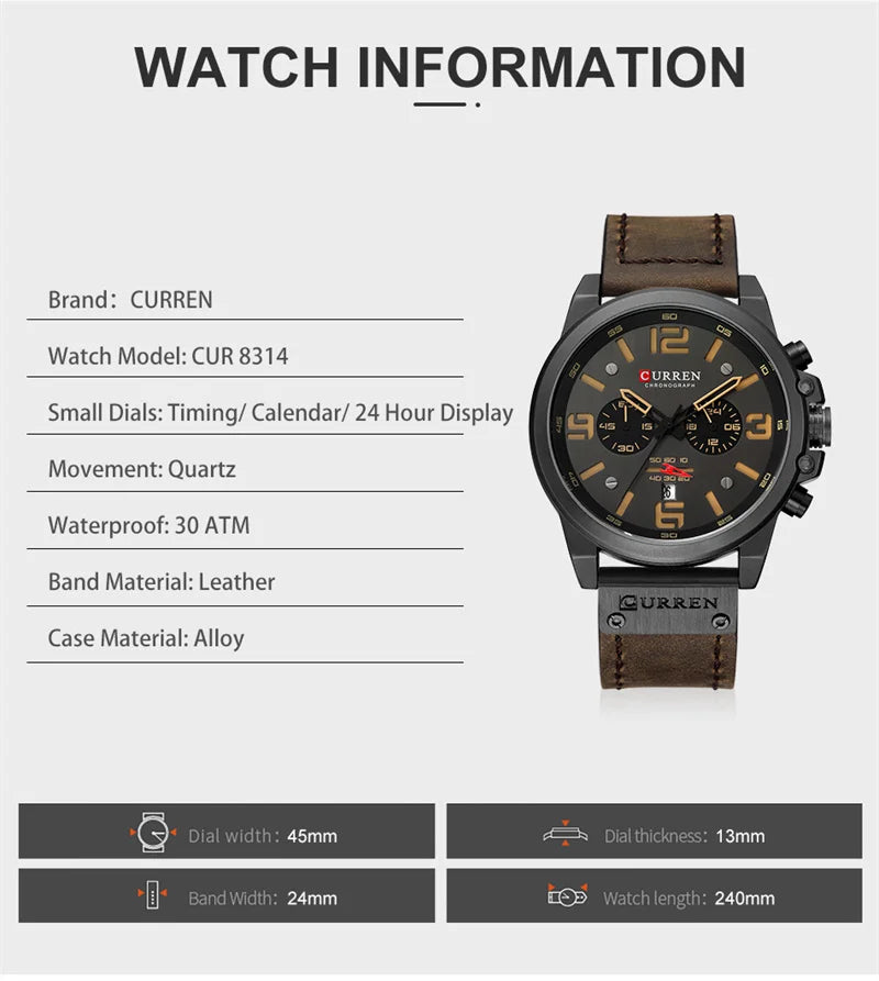 Reloj de pulsera Curren 8314 de cuarzo con calendario militar deportivo con cronógrafo informal para hombre, reloj masculino resistente al agua de cuero de negocios