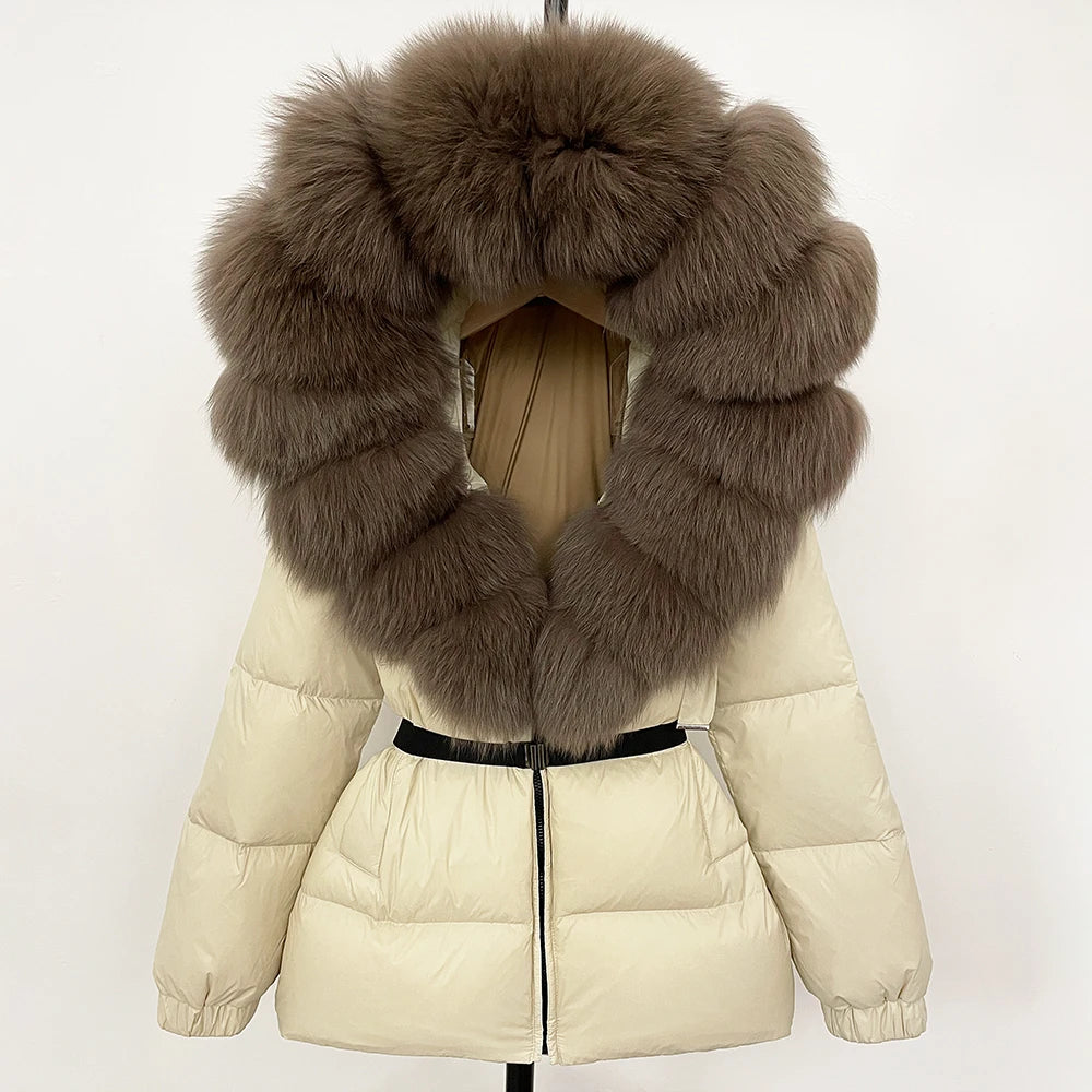 OFTBUY 2025 nueva ropa de invierno para mujer, abrigo de plumón de pato blanco, chaqueta con capucha de piel de zorro Natural, chaqueta acolchada cálida a la moda para mujer