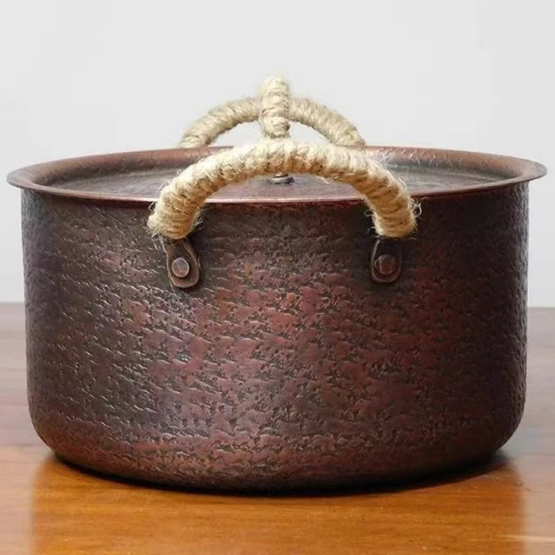 Olla de cobre vintage, utensilio de cocina de alimentos hecho a mano para hervir, asperar y estofar pasta, con tapa, ollas de mano de 18 cm