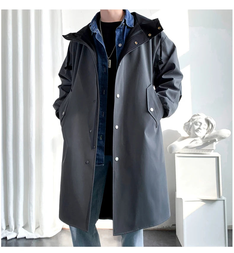 Gabardina para hombre, gabardina con capucha a la moda, otoño, longitud media, cortavientos holgado de un solo pecho, abrigo informal falso de dos piezas