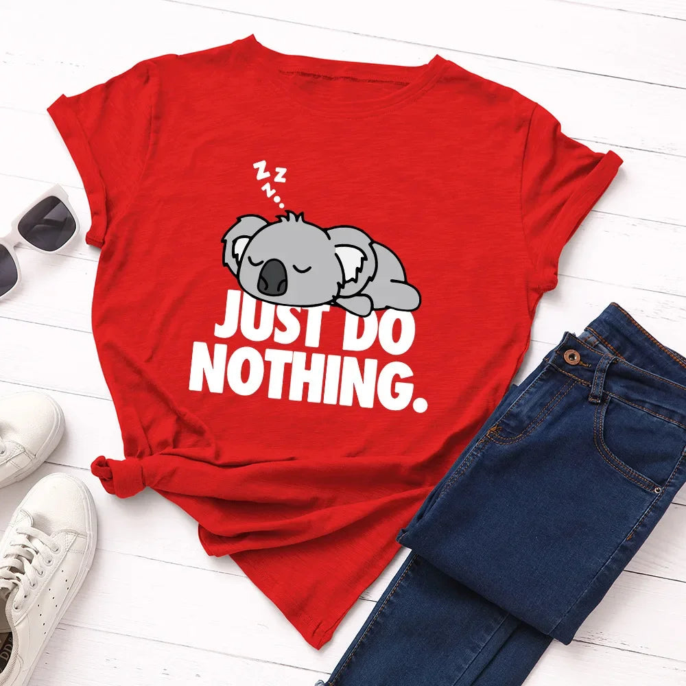 Just Do Nothing-Camiseta con estampado de Koala para Mujer, blusa holgada de manga corta con cuello redondo, ropa para Mujer
