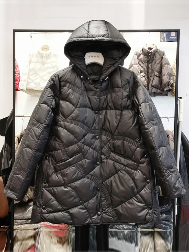 Lagabogy-Women's Loose White Duck Down Coat, Vintage Single-Breasted Tops, Warm Hooded Pocket Padded Jacket for Women, Outdoor, 2025