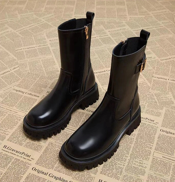 Botas medio altas para mujer, zapatos Chelsea con punta redonda a media pantorrilla para mujer, calzado marrón de tacón medio, oferta gótica de entretiempo para primavera y otoño