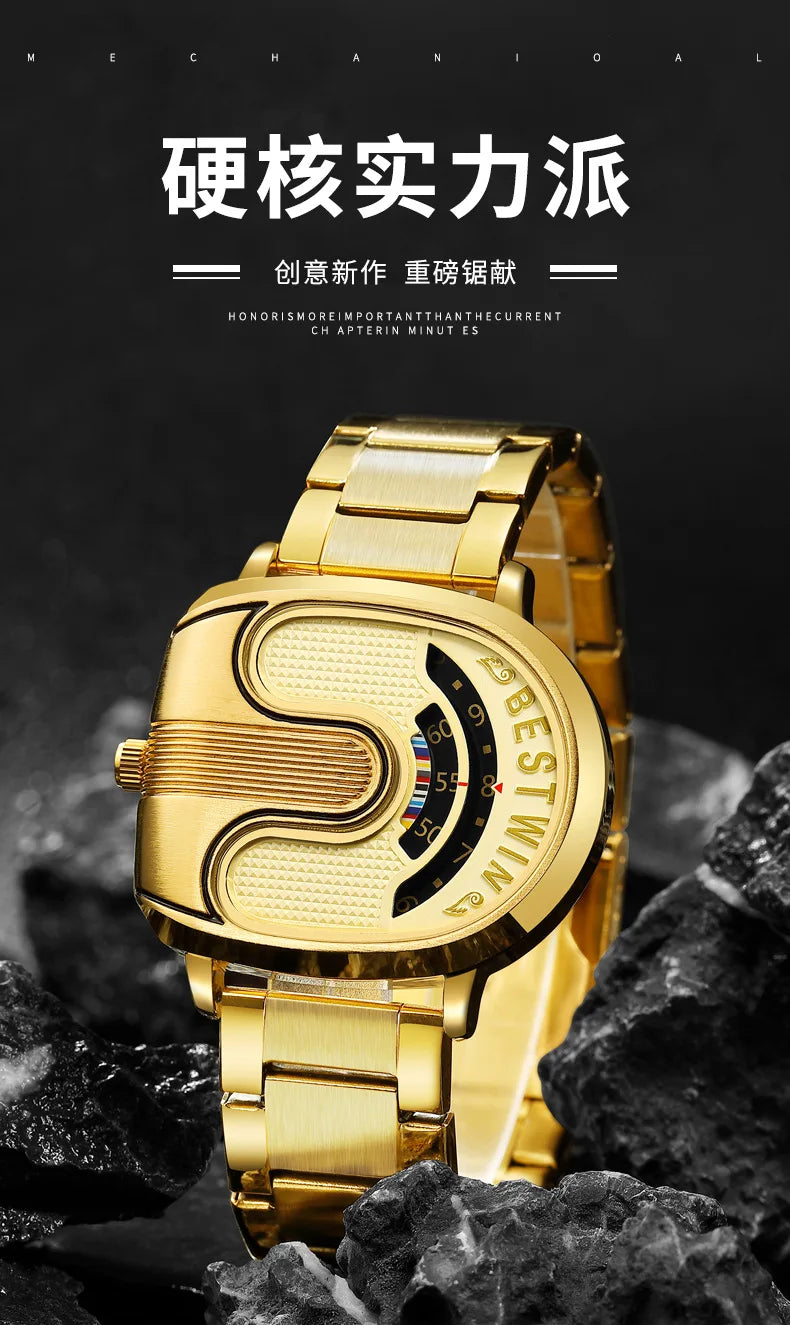 Relojes dorados de lujo para hombre, diseño único, banda de acero inoxidable, Dropship dorado, reloj masculino de alta calidad
