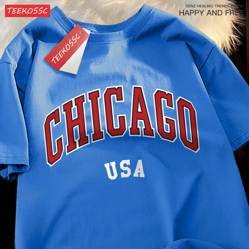 Camiseta gráfica de ciudad clásica de Chicago Usa para hombre, camisetas de calle con cuello redondo, ropa, camiseta informal de algodón de manga corta para pareja
