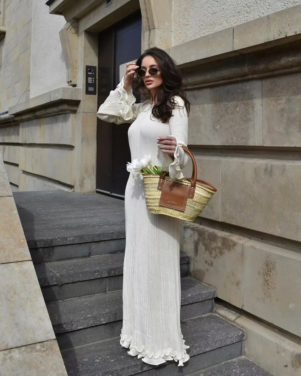 2025 elegante vestido con volantes y cordones Para Mujer, vestido acanalado de manga larga a la moda, Vestidos largos Para Mujer, Vestidos Para ir al trabajo Para Mujer