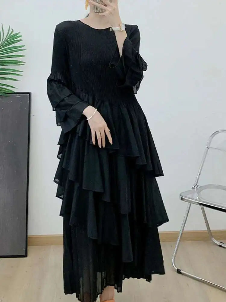 GVUW, vestido plisado para mujer, manga acampanada completa, línea A, volantes empalmados, cuello redondo, fiesta de noche, ropa elegante para mujer 17G4475