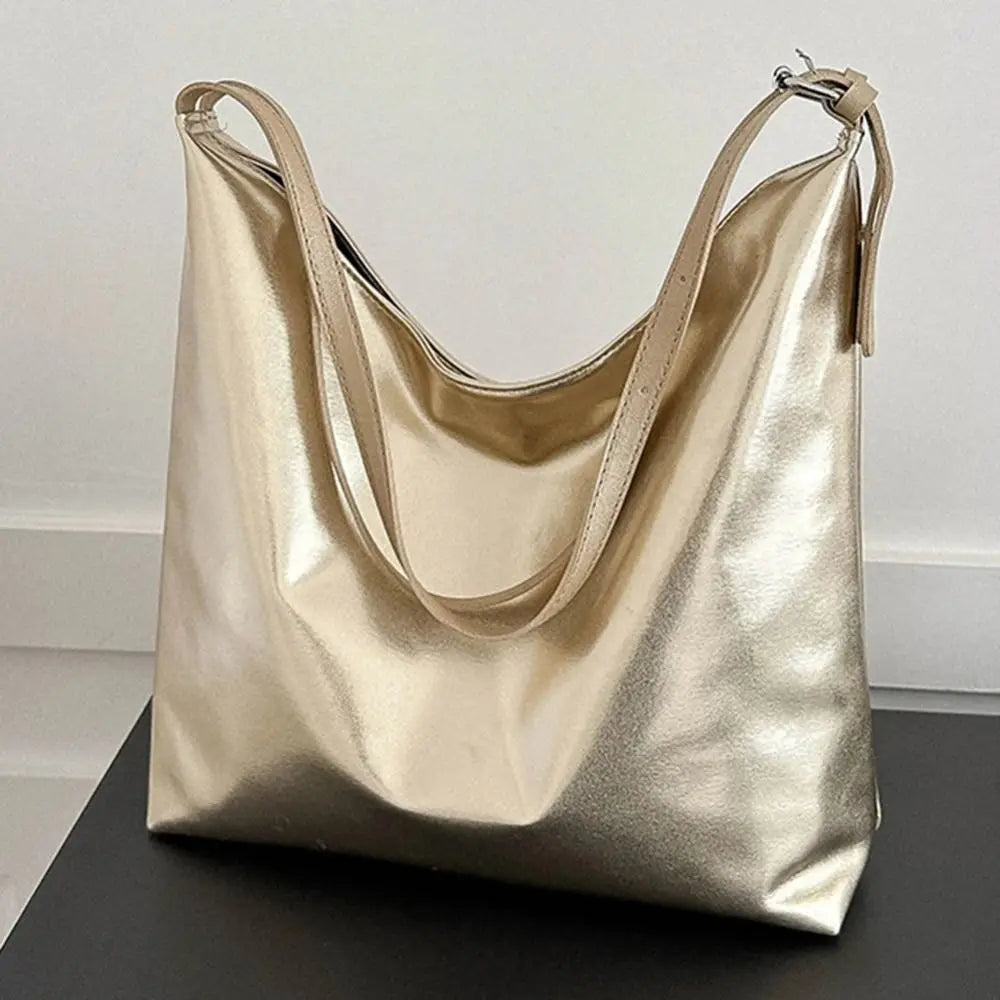 Bolso de mano con asa superior de PU para mujer, bolso de compras de diseñador de lujo, bolso de mano informal de cuero dorado plateado de alta capacidad, moda