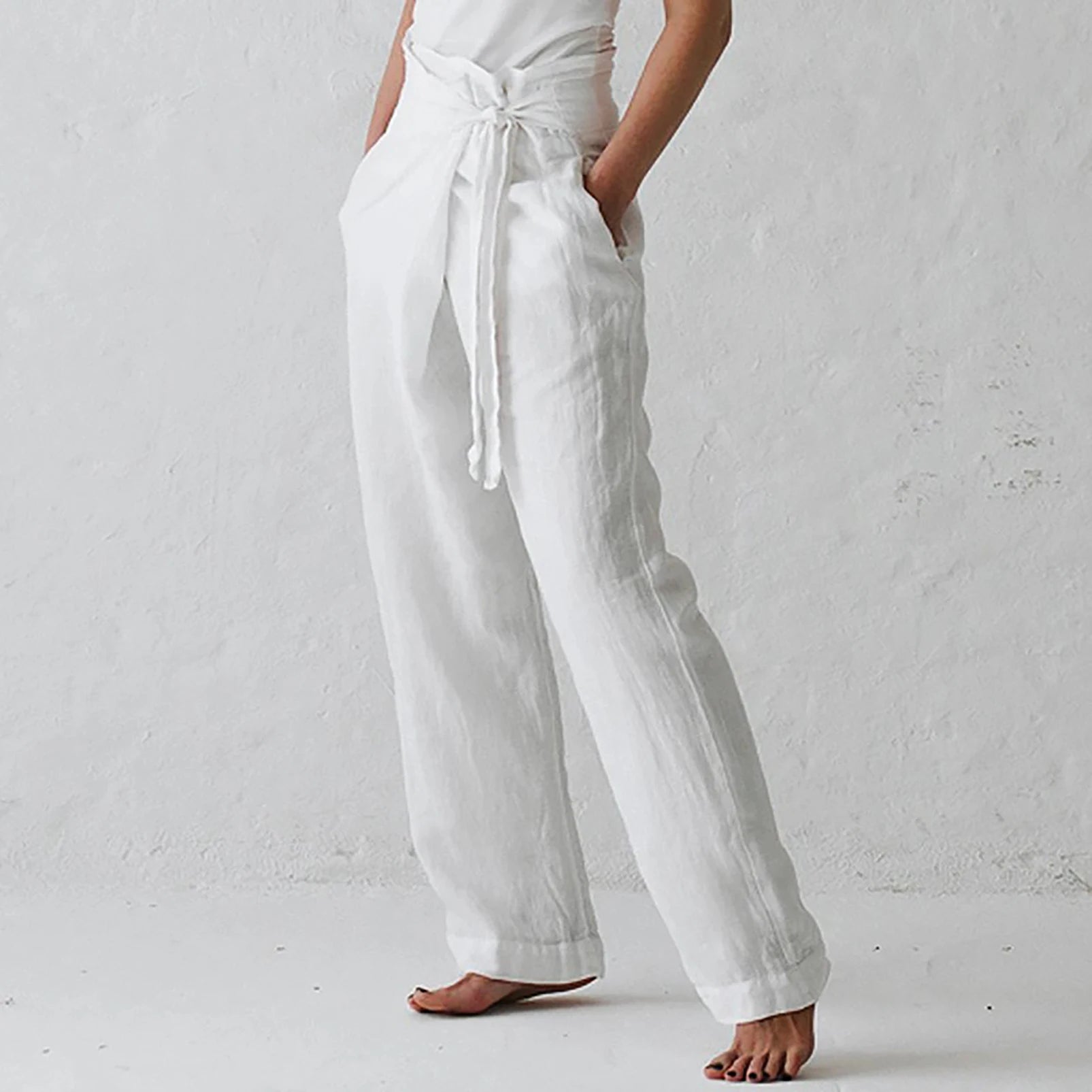 Women's Casual Pocket Pants, Solid Color, Stretchy, Cuffed, Stylish Cotton Line, High Waist, Summer 2024