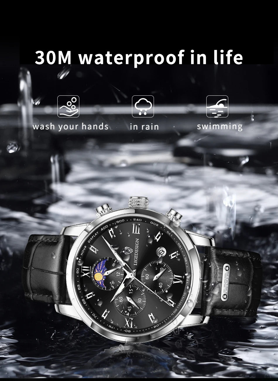 Nuevos relojes para hombre LIGE, marca superior, reloj de pulsera de lujo para hombre, reloj de cuarzo de cuero, reloj deportivo resistente al agua para hombre, reloj Masculino + caja