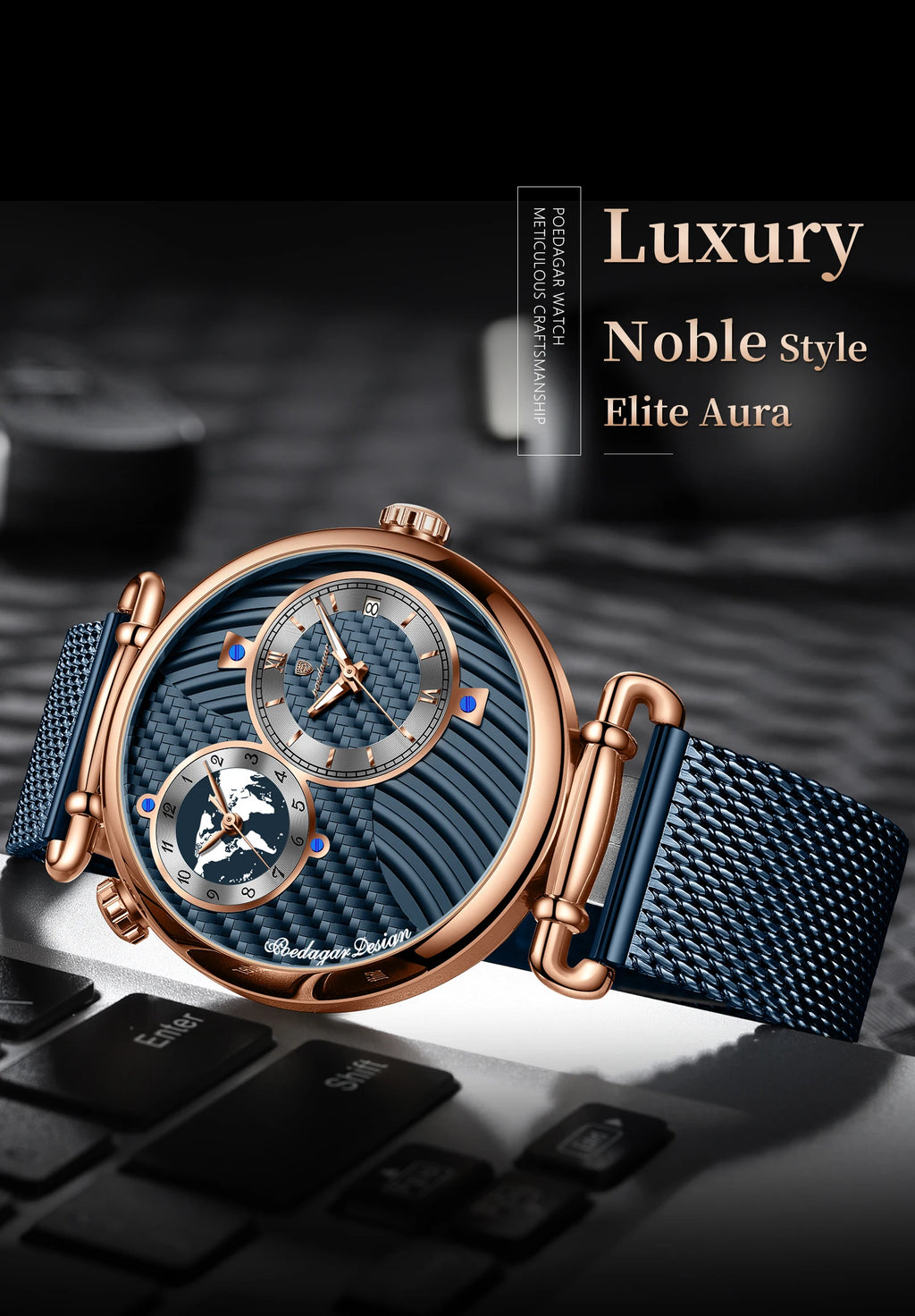 Reloj de hombre POEDAGAR de moda con doble zona horaria, resistente al agua, con fecha, deportivo, de malla de acero inoxidable, de cuarzo + caja.