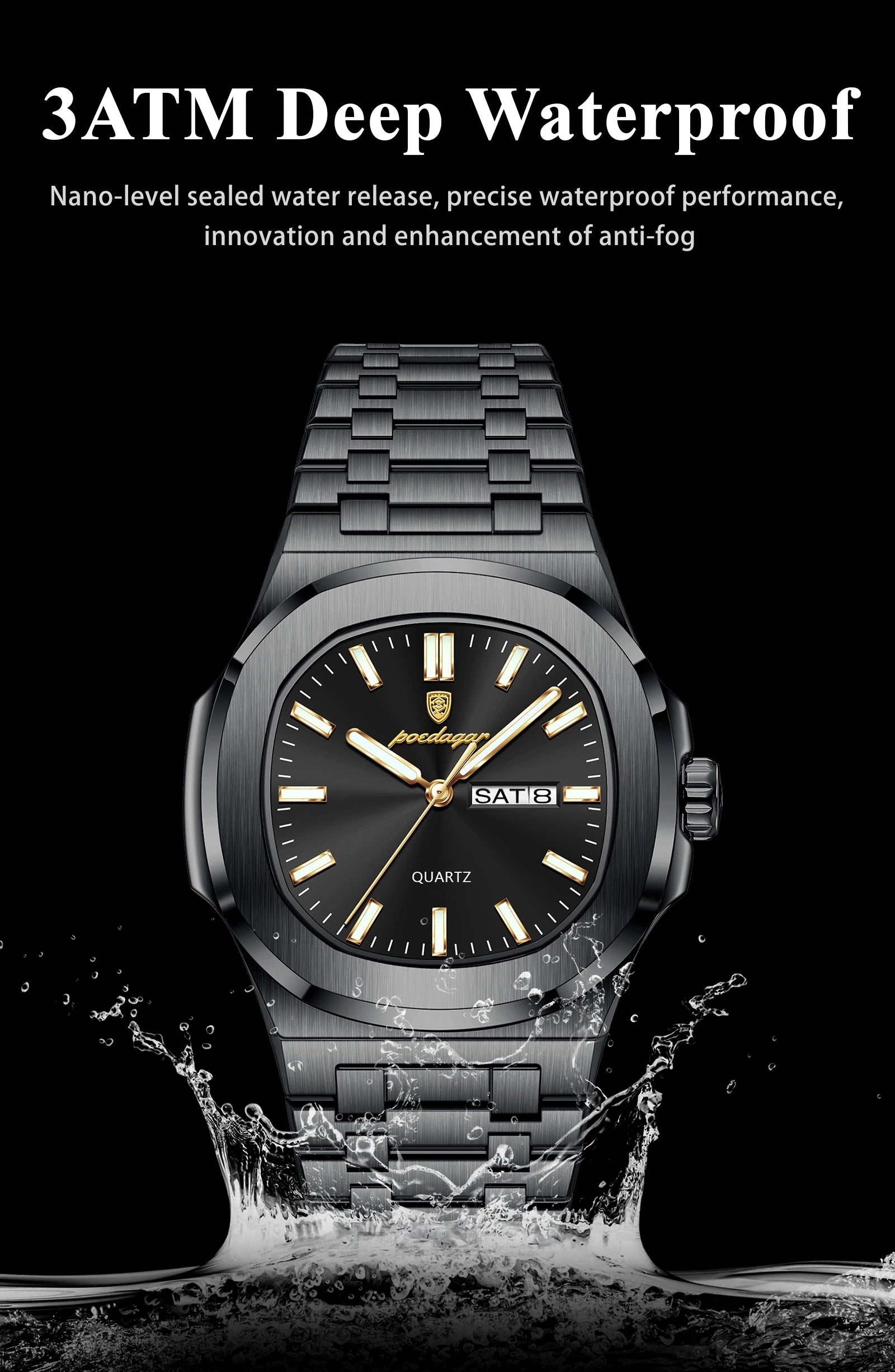 POEDAGAR, relojes cuadrados de lujo para hombre, Reloj luminoso resistente al agua con fecha y semana para hombre, Reloj de pulsera de cuarzo a la moda de acero inoxidable para hombre