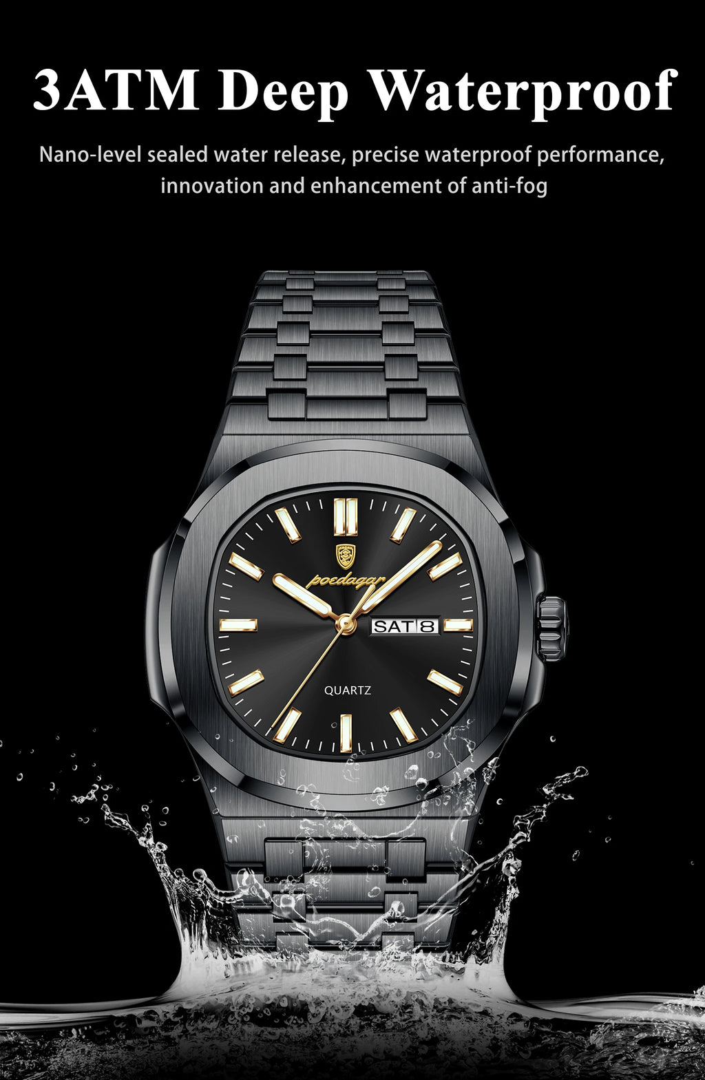 POEDAGAR Luxury Square Men's Watches Waterproof Luminous Date Week Men Watch Stainless Steel Fashion Quartz Man Wristwatch Reloj