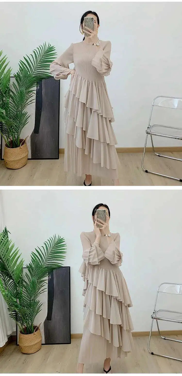 GVUW, vestido plisado para mujer, manga acampanada completa, línea A, volantes empalmados, cuello redondo, fiesta de noche, ropa elegante para mujer 17G4475