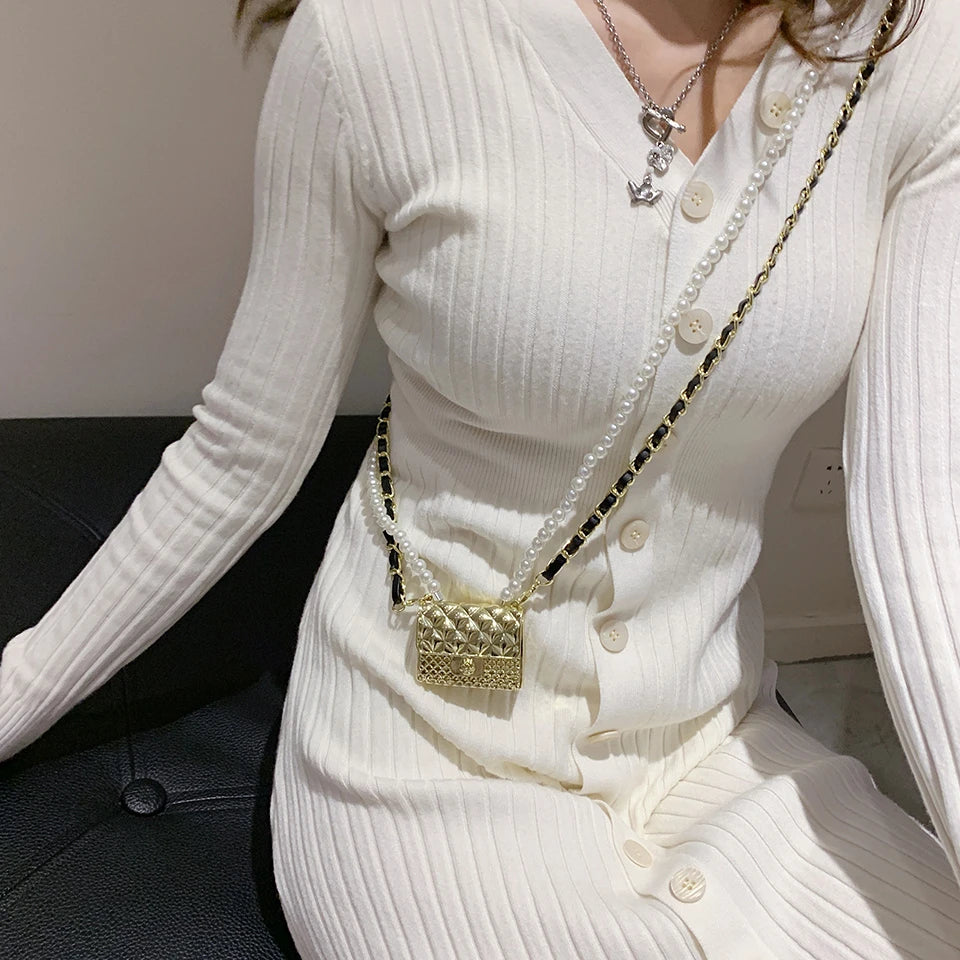 Mini bolsos de cena para mujer, caja pequeña de metal a la moda, bolso de hombro con cadena de perlas de diseñador, accesorios de ropa, bolso cruzado